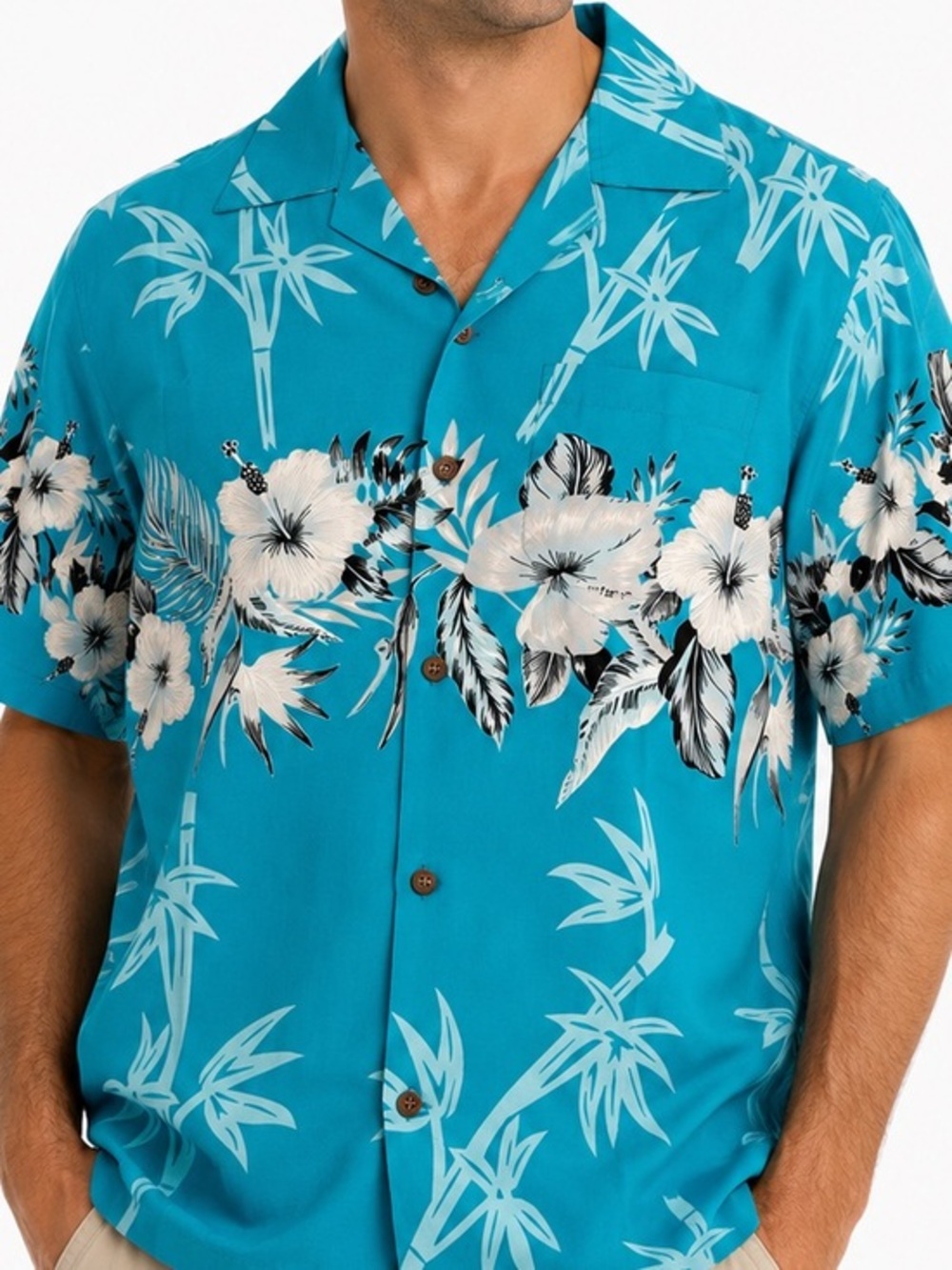 Alvish Turquoise Hawaiian Aloha Camp Shirt Men’s Medium Floral Bamboo Print